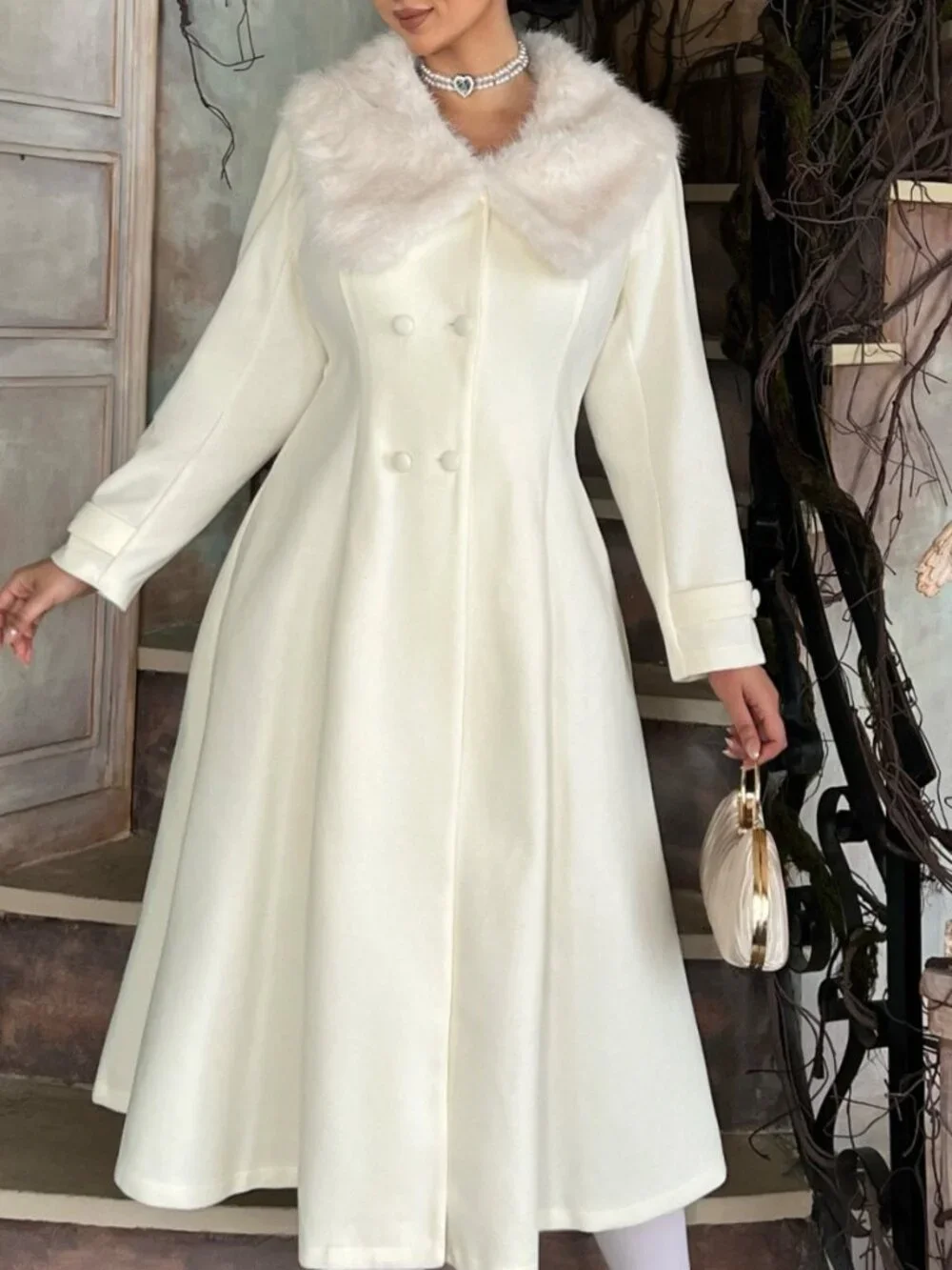 Apricot Elegant Women's Contrast Faux Fur Double Button Pocket Long Overcoat
